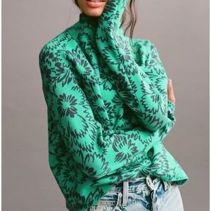 Maeve Anthropologie 2X Sweater Carys Floral Mock Neck Sweater Green Pullover